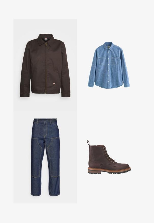 Bruine ritssluitingjack met een kraag, zijzakken en een klein logopatch. Gemaakt van stevige stof, met lange mouwen.; Blauw chambray overhemd met lange mouwen, knoopsluiting aan de voorkant en twee borstzakken, plat gelegd op een witte achtergrond.; Donkerblauwe denim jeans met een hoge taille, rechte pijpen, contrasterende stiksels en opgestikte zakken aan de voorkant.; Bruine leren veterschoenen tot boven de enkel met een gestructureerde afwerking, contrasterende beige zolen en metalen veteroogjes. Voorzien van een trekkoordje voor gemakkelijk aan- en uittrekken.