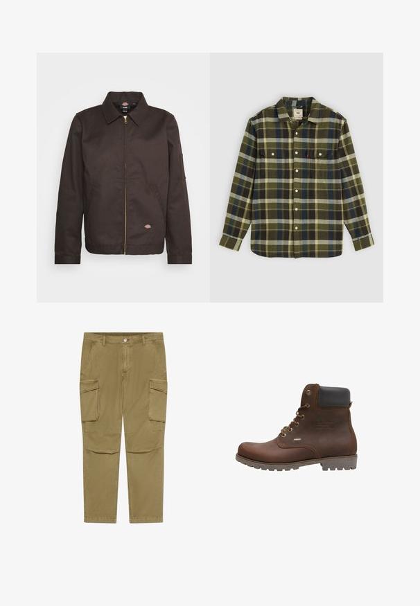 Chaqueta marrón con cremallera y cuello tipo solapa, bolsillos laterales y un pequeño parche con logo. Confeccionada con tejido resistente, cuenta con mangas largas.; Camisa de franela cuadriculada verde con mangas largas, que cuenta con dos bolsillos en el pecho y botones blancos. El material tiene una textura suave y un diseño casual.; Pantalones cargo caqui con cierre de botón y cremallera, que cuentan con bolsillos con solapa lateral y bolsillos frontales angulados.; Botín de cuero marrón con acentos negros, ojales metálicos, diseño de cordones, suela texturizada y detalle impermeable en el lateral.
