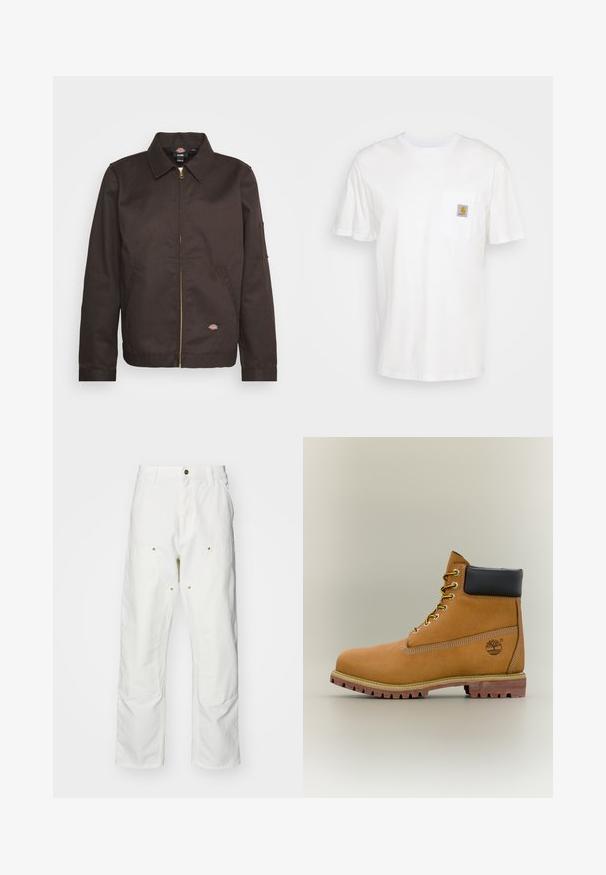 Veste zippée marron avec un col, des poches latérales et un petit patch logo. Confectionnée en tissu robuste, elle possède des manches longues.; T-shirt en coton blanc à manches courtes, avec une poche poitrine et un petit patch logo carré en orange et blanc sur la poche.; Pantalons cargo en coton blanc avec une coupe décontractée. Les caractéristiques incluent des poches avant, des accents en métal doré et des sections de genoux renforcées.; Bottine en cuir marron avec col noir, lacets jaunes et semelle beige. Présente un logo et des détails de couture blanche. Semelle extérieure à traction robuste.