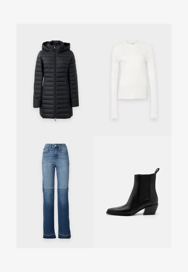 Manteau noir rembourré avec capuche, présentant un design matelassé horizontal, une texture lisse, une fermeture éclair frontale complète et des accents de tirette orange.; T-shirt à manches longues blanc en coton doux. Il présente un col rond, une silhouette ajustée et une texture lisse. Pas de motifs ni d'accents.; Jean en denim taille haute présentant un dégradé de bleu clair à bleu foncé, un design à jambe droite et des bords effilochés aux ourlets.; Bottines en cuir noir avec un bout pointu, des panneaux élastiques sur les côtés et un petit talon carré. Elles disposent d'une languette au talon pour un enfilage facile.