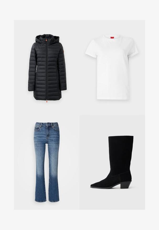 Manteau noir rembourré avec capuche, présentant un design matelassé horizontal, une texture lisse, une fermeture éclair frontale complète et des accents de tirette orange.; T-shirt blanc à manches courtes en coton léger. Présente un col rond et des manches retroussées. Étiquette logo rouge sur le col.; Jean flare en denim avec un dégradé de bleu clair à foncé, taille haute, cinq poches et un léger délavage sur le bas des jambes.; Bottine en daim noir avec un bout pointu, tige de hauteur moyenne et un talon épais. Présente des coutures minimales et une texture lisse.