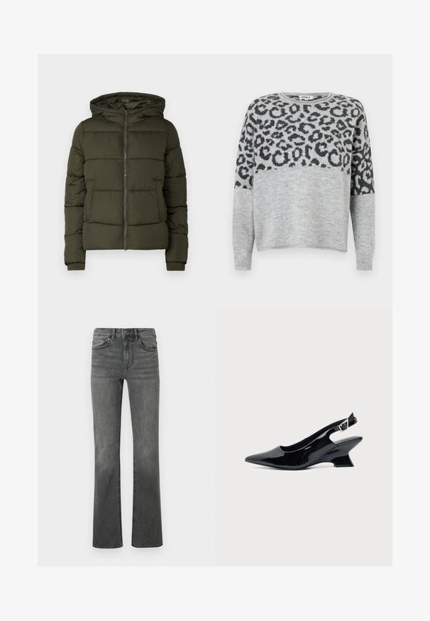 Mørkegrøn polstret jakke med frontlynlås, hætte, sidelommer og ribstrikkede manchetter på lange ærmer.; Grå sweater med leopardprintdesign i mørkegrå. Har rund halsudskæring og lange ærmer, lavet af et blødt, struktureret materiale.; Bredde jeans i mørkegrå denim med høj talje, fem lommer og en enkelt knaplukning. Glat tekstur med let falmning.; Sort laklæder slingback sko med spids tå og lav vinklet blokhæl på ensartet lys baggrund.