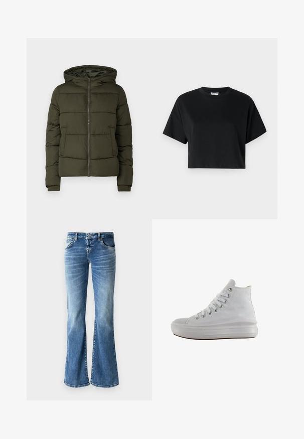 Mørkegrøn polstret jakke med frontlynlås, hætte, sidelommer og ribstrikkede manchetter på lange ærmer.; Sort cropped t-shirt med korte ærmer, rund halsudskæring, lavet af glat bomuldsstof, med minimalistisk design og subtile syninger.; Lyseblå denim flare jeans med en falmet vask, fem lommer, syede detaljer og en lynlås med en knaplukning.; Hvid højt canvas sneaksko med hvide snørebånd, metaløjer, tyk gummisål og tekstureret tåhætte, vendt mod venstre på en hvid baggrund.