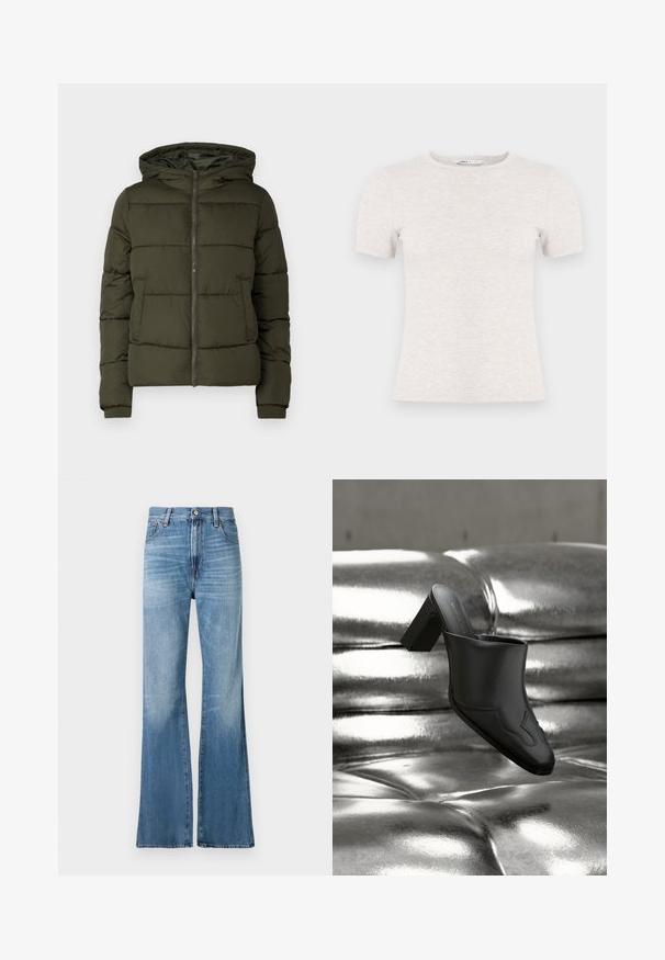 Doudoune vert olive avec capuche, fermeture éclair et poches frontales. Présente un design matelassé et des poignets côtelés. Texture lisse.; T-shirt gris clair à manches courtes en tissu côtelé avec un col rond. Design simple, texture lisse, sans motifs ni accents visibles.; Replay BECKA PANTS - Jean boyfriend - medium blue; Mule en cuir noir avec talon bloc reposant sur une surface argentée brillante capitonnée, mettant en valeur son design élégant et ses détails incurvés.
