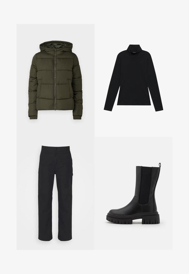 Olijfgroene pufferjack met een capuchon, ritssluiting en voorzakken. Kenmerkt zich door een gequilt ontwerp en ribgebreide manchetten. Gladde textuur.; Zwarte langetermijn turtleneck. Zachte stof, getailleerd design, hoge kraag en zijnaad. Eenvoudige en veelzijdige stijl die geschikt is voor het laagjes dragen.; Zwarte katoenen broek met een rechte pasvorm, knoopsluiting en riemlussen. Heeft een klassiek ontwerp zonder zichtbare zakken.; Zwarte enkellaars van leer met een gestructureerd oppervlak, elastische zijpanelen en een dikke, geribbelde zool voor extra grip.