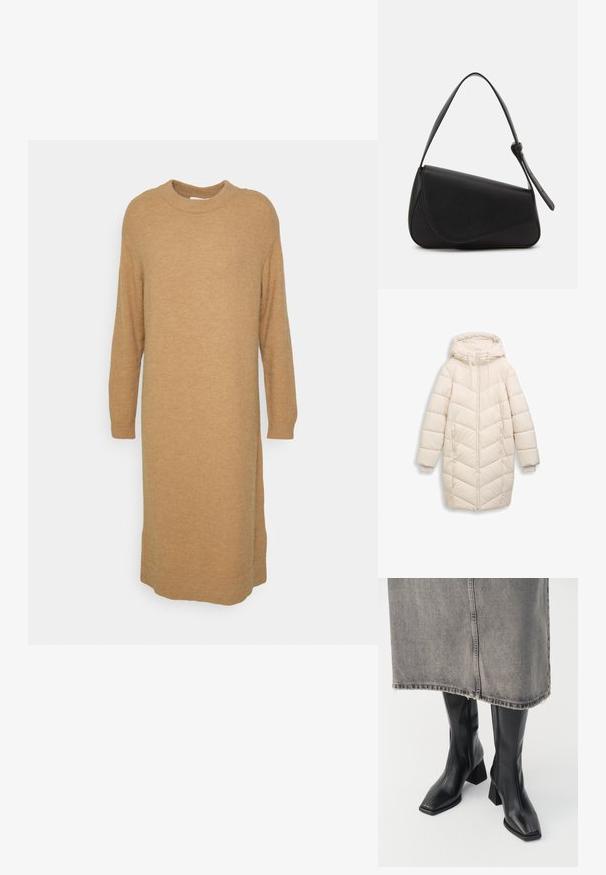 Off-white, lange gewatteerde winterjas met capuchon, voorrits, zijzakken en ribbelige binnenmanchetten.; Saint Tropez SELMA DRESS - Gebreide jurk - amphora melange; Zwarte laarzen tot de knie van soepel leer met een vierkante neus en blokhak. Draag ze met een grijze denim rok met een rafelige zoom.; Zwart leren handtas met een driehoekige vorm, schuine klep en een ronde handgreep. Heeft een gladde textuur en minimalistische ontwerpelementen.