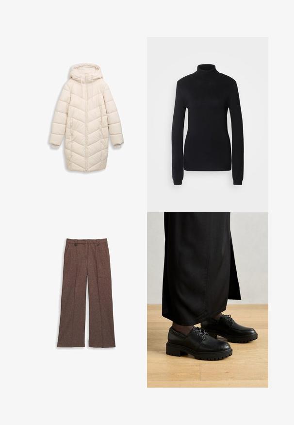 Off-white, lange gewatteerde winterjas met capuchon, voorrits, zijzakken en ribbelige binnenmanchetten.; Zwarte coltrui van een zachte brei-stof, met lange mouwen en een aansluitende pasvorm, voorzien van een geribbelde kraag en zoom.; Bruine wijde broek van gestructureerde stof. Heeft twee voorzakken en een op maat gemaakte pasvorm met twee knopen op de tailleband.; Zwarte leren schoenen met een ronde neus, dikke rubberen zool en veters. Het ontwerp heeft decoratieve stiksels langs de bovenkant.