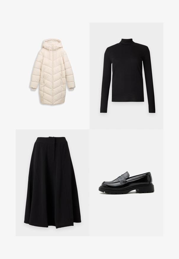 Off-White, langer gepolsterter Wintermantel mit Kapuze, Frontreißverschluss, Seitentaschen und gerippten Innenbündchen.; Schwarzes Langarm-Turtleneck-Shirt aus weichem Stoff, mit einem figurbetonten Design und glatter Textur. Keine Muster oder sichtbaren Beschläge.; Schwarzer A-Linien-Midirock mit breitem Bund und sichtbaren vertikalen Nahtdetails, dargestellt auf einfarbigem Hintergrund.; Schwarzer glänzender Lederloafer mit grober Profilsohle und Pennyriemen, im Seitenprofil auf weißem Hintergrund gezeigt.