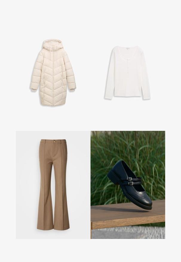 Off-white, lange gewatteerde winterjas met capuchon, voorrits, zijzakken en ribbelige binnenmanchetten.; Witte geribde langemouwen top met een ronde halslijn en een gedeeltelijke knopenlijst. Zachte textuur, aansluitend ontwerp en minimalistische stijl.; Bruine flared broeken met een gladde textuur, voorzien van een sluiting met een voorknop en verticale naden voor structuur.; Zwarte leren Mary Jane-schoen met dubbele gespsluitingen en brogue-details, zwevend boven een houten bankje met groene grasachtergrond.