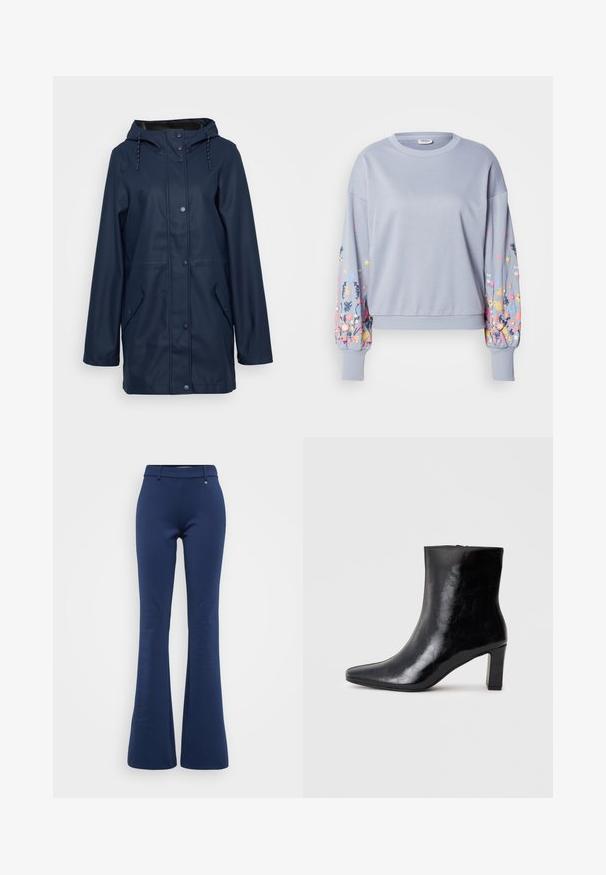 Marine waterdichte regenjas met capuchon, drukknoopsluiting, twee zijzakken en verstelbaar trekkoord bij de hals. Glad van textuur.; Lichtblauwe sweatshirt met geborduurde bloemen op de mouwen, zachte textuur, geribbelde manchetten en zoom, losse pasvorm, ronde halslijn.; ONLY Tall ONLPEACH LIFE FLARED - Broek - naval academy; Zwarte enkellaars gemaakt van glanzend leer, met een puntige neus en een gemiddelde blokhak, voorzien van een gladde textuur en een eenvoudig ontwerp.