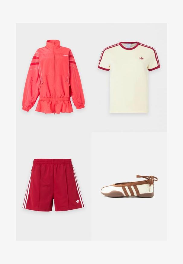 Ζακέτα Adidas σε κοραλλί ροζ με φερμουάρ, ψηλό γιακά, ελαστική μέση και μανσέτες, λευκή επένδυση και διαγώνιες ρίγες στα μανίκια.; Κοντομάνικο λευκό T-shirt Adidas με κόκκινο ριμπ γιακά, τελείωμα μανικιών, τρεις κόκκινες ρίγες στους ώμους και κόκκινο λογότυπο Adidas trefoil στο στήθος.; Κόκκινο αθλητικό σορτς με ελαστική μέση, λευκές πλαϊνές ρίγες, τσέπες με φερμουάρ και μικρό λευκό λογότυπο Adidas στο μπροστινό αριστερό πόδι.; Λεπτό μπεζ και καφέ μπαλαρίνα με στρογγυλεμένη μύτη, τρεις πλαϊνές ρίγες, μαλακή σόλα και δέσιμο στον αστράγαλο πάνω σε μονόχρωμο λευκό φόντο.