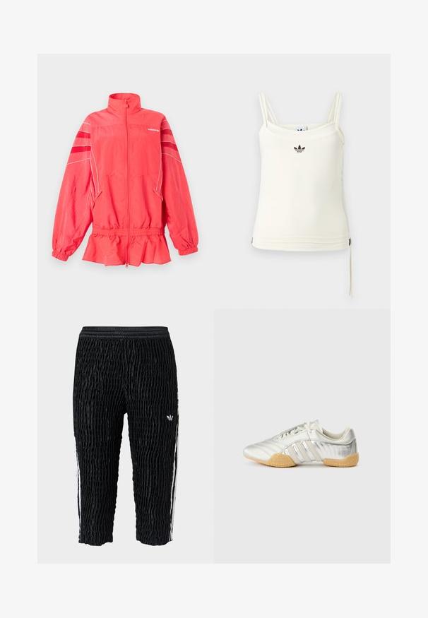 Ζακέτα Adidas σε κοραλλί ροζ με φερμουάρ, ψηλό γιακά, ελαστική μέση και μανσέτες, λευκή επένδυση και διαγώνιες ρίγες στα μανίκια.; Μπεζ τοπ με λεπτές τιράντες; Λογότυπο Adidas σε μαύρο στο στήθος. Λείο ύφασμα με λεπτομέρεια κορδονιού στο τελείωμα. Απλός σχεδιασμός.; Μαύροι υφασμάτινοι αθλητικοί παντελόνες Adidas με ελαστική μέση, λευκές πλαϊνές ρίγες και μικρό λευκό λογότυπο Adidas στον μηρό, μήκος μέχρι τον αστράγαλο.; Αθλητικό παπούτσι σε ασημί χρώμα με λείο δερμάτινο πάνω μέρος, ελαστική σόλα και υφασμένους διακοσμητικούς τόνους. Διαθέτει καμπυλωτό σχέδιο και κορδόνια στο ίδιο χρώμα.