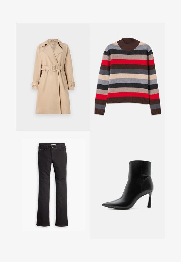 Beige trenchcoat van een soepele stof, met een ceintuur in de taille, brede revers en knoopmanchetten. Voorzien van twee voorzakken.; Gestreepte trui met horizontale banden in rood, grijs, beige en bruin. Geribbelde bruine kraag en onderrand, gebreide textuur.; Zwarte jeans van denim, met een recht toelopende pijp, standaard taille, vijf zakken en subtiele stiksels.; Zwarte leren enkellaars met puntige neus en smalle, hoge naaldhak, getoond in zijaanzicht op een witte achtergrond.