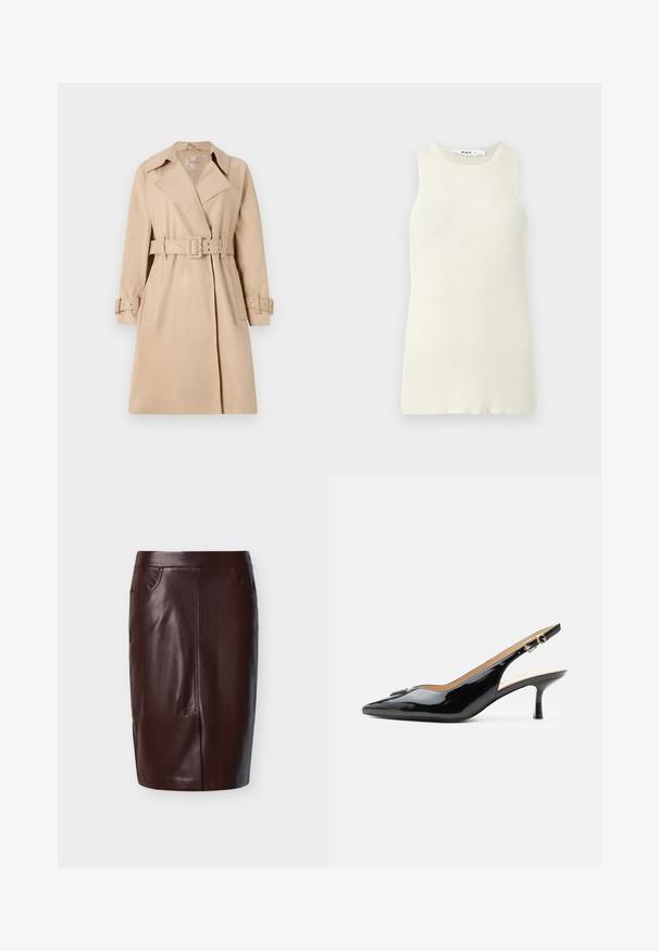 Beige trenchcoat van een soepele stof, met een ceintuur in de taille, brede revers en knoopmanchetten. Voorzien van twee voorzakken.; Mouwloze crèmekleurige tanktop van ribstof, met een ronde halslijn en een aansluitend ontwerp. Geen zichtbare patronen of accenten.; Bruine leren potloodrok met een gladde textuur, voorzien van twee zijzakken en een naaddetail aan de voorkant, ontworpen voor een strakke pasvorm.; Zwarte lakleren slingback hak met spitse neus, kleine kittenhak en zilveren gespsluiting op een effen witte achtergrond.