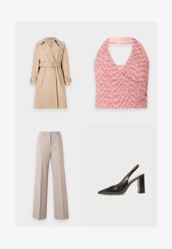 Beige trenchcoat van een soepele stof, met een ceintuur in de taille, brede revers en knoopmanchetten. Voorzien van twee voorzakken.; Lichtroze haltertop van textuurgebreide stof met een wikkelontwerp, voorzien van een zachte beige band aan de achterkant voor een veilige pasvorm.; Beige wijde broek van een soepele stof, met een hoge taille, voorkreuken en een op maat gemaakte pasvorm.; Zwarte leren slingback schoen met spits toelopend neusje, hoge blokhak en beige binnenvoering tegen een effen lichte achtergrond.