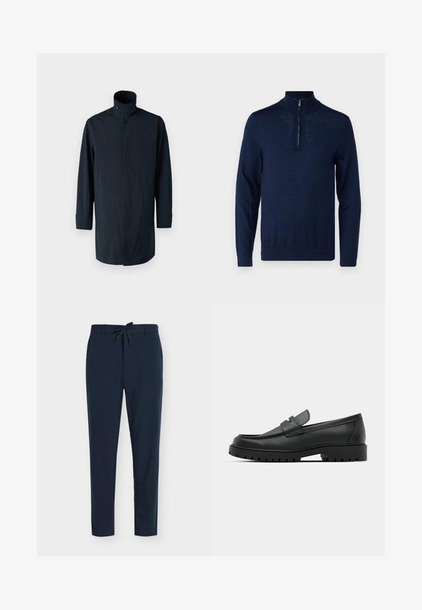 Marineblaue Windbreaker-Jacke mit hohem Kragen, Doppelknopfverschluss, langen Ärmeln und Seitentaschen. Hergestellt aus leichtem, wasserabweisendem Material.; Navyblaues Langarm-Pullover mit einem Viertel-Reißverschluss-Kragen. Glatte Textur, körperbetontes Design, minimale Nahtdetails und keine sichtbaren Logos.; Navyblaue Hose aus glattem Stoff mit Kordelzugbund, ausgestattet mit vertikalem Nadelstreifenmuster und schmal zulaufendem Bein.; Schwarze Lederloafer mit runder Zehenform, ausgestattet mit einem gesteppten Design, niedrigem Plattformsohle und einer strukturierten, genoppten Gummisohle.