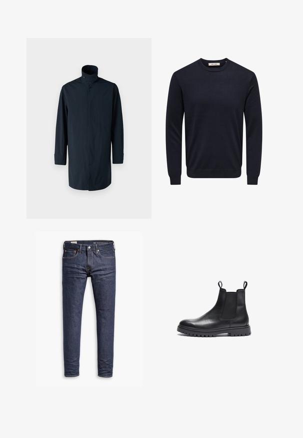 Marineblaue Windbreaker-Jacke mit hohem Kragen, Doppelknopfverschluss, langen Ärmeln und Seitentaschen. Hergestellt aus leichtem, wasserabweisendem Material.; Marineblauer Langarmpullover mit Rundhalsausschnitt, gerippten Bündchen an Ärmel, Saum und Hals, mit dem Label "Only & Sons" innen am Kragen.; Dunkelblaue Slim-Fit Levi's Performance Jeans mit fünf Taschen und sichtbaren Nähten auf weißem Hintergrund.; Schwarze Leder Chelsea-Boots mit strukturierter Oberfläche, elastischen Seitenpanels und Zuglaschen. Verfügt über eine klobige Gummisohle mit Profil.