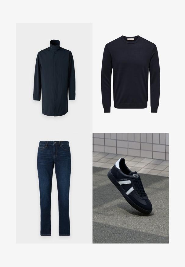 Marineblaue Windbreaker-Jacke mit hohem Kragen, Doppelknopfverschluss, langen Ärmeln und Seitentaschen. Hergestellt aus leichtem, wasserabweisendem Material.; Marineblauer Langarmpullover mit Rundhalsausschnitt, gerippten Bündchen an Ärmel, Saum und Hals, mit dem Label "Only & Sons" innen am Kragen.; Dunkelblaue Jeans im Slim-Fit-Stil mit dem klassischen Fünf-Taschen-Design sowie einer Knopf- und Reißverschlussbefestigung. Glatte Textur mit minimalem Verblassen.; Schwarze Leder-Sneaker mit weißen Streifen, strukturiertem Gummisohle und Schnürung. Verfügt über ein Markenetikett auf der Zunge.
