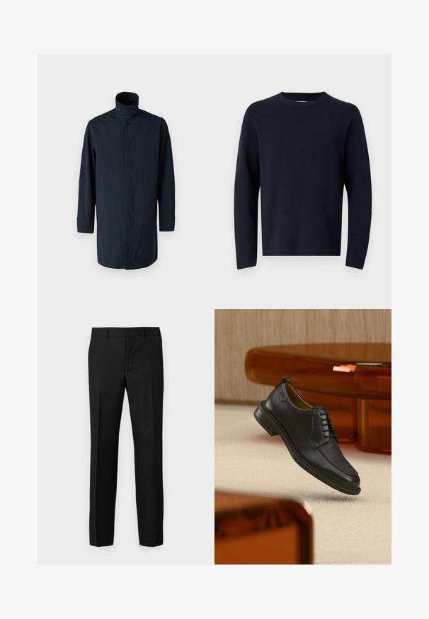 Marineblaue Windbreaker-Jacke mit hohem Kragen, Doppelknopfverschluss, langen Ärmeln und Seitentaschen. Hergestellt aus leichtem, wasserabweisendem Material.; Marineblauer Pullover, Rundhalsausschnitt, lange Ärmel, aus weichem Stoff mit glatter Textur. Einfaches Design, keine sichtbaren Muster oder Hardware.; Schwarze, maßgeschneiderte Hosen mit glatter Textur, geradem Bein, Falten vorne und flachem Bund. Keine sichtbaren Taschen.; Schwarzer Leder-Schnürschuh mit texturierter Vorderseite, schwebend über beigem Teppich in einem modernen Raum mit bernsteinfarbenen Möbeln.