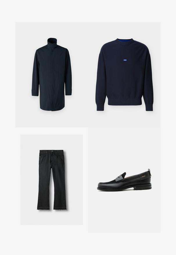 Marineblaue Windbreaker-Jacke mit hohem Kragen, Doppelknopfverschluss, langen Ärmeln und Seitentaschen. Hergestellt aus leichtem, wasserabweisendem Material.; Marineblauer Strickpullover mit Rundhalsausschnitt, gerippten Bündchen und Saum, mit kleinem blauem "HUGO"-Logo auf der Brust.; Schwarze Denim-Jeans mit geraden Beinen, Fronttaschen und rohen, ausgefransten Säumen, flach auf einem hellen Hintergrund liegend.; Schwarzer Lederloafer mit grauem Riemendetail, niedrigem Absatz und strukturierter Sohle, seitlich mit „HUGO“ in Gold gebrandmarkt.