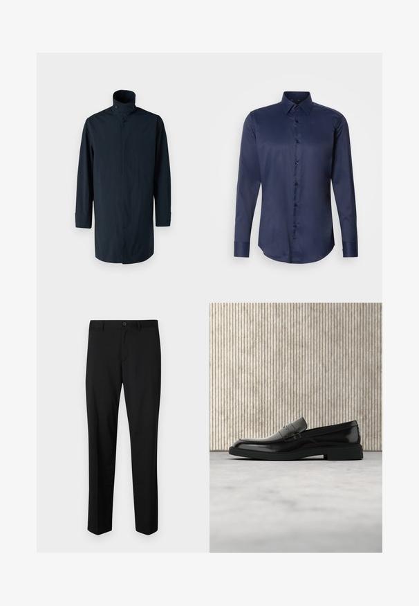 Marineblaue Windbreaker-Jacke mit hohem Kragen, Doppelknopfverschluss, langen Ärmeln und Seitentaschen. Hergestellt aus leichtem, wasserabweisendem Material.; Marineblaues langärmliges Herrenhemd mit spitzem Kragen und vorderem Knopfverschluss, auf einem einfarbigen weißen Hintergrund präsentiert.; Schwarze maßgeschneiderte Hose mit flachem Frontschnitt, normaler Taille und geraden Beinen. Hergestellt aus glattem Material, mit einem einzelnen Knopfverschluss.; Schwarzer, polierter Lederloafer, der über einem beigen Teppich schwebt, mit orangener, durchscheinender Möbel im Hintergrund.