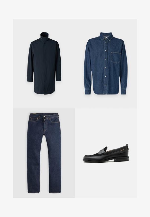Marineblaue Windbreaker-Jacke mit hohem Kragen, Doppelknopfverschluss, langen Ärmeln und Seitentaschen. Hergestellt aus leichtem, wasserabweisendem Material.; Dunkelblause Denim-Hemd mit langen Ärmeln, Knopfleiste an der Vorderseite und einer einzelnen Brusttasche. Verfügt über einen klassischen Kragen und einen geraden Saum.; Dunkelblaue Jeans mit geradem Bein, Knopfleiste, Vorder- und Gesäßtaschen sowie kontrastierender Naht, flach auf hellem Hintergrund liegend.; Schwarzer Lederloafer mit grauem Riemendetail, niedrigem Absatz und strukturierter Sohle, seitlich mit „HUGO“ in Gold gebrandmarkt.