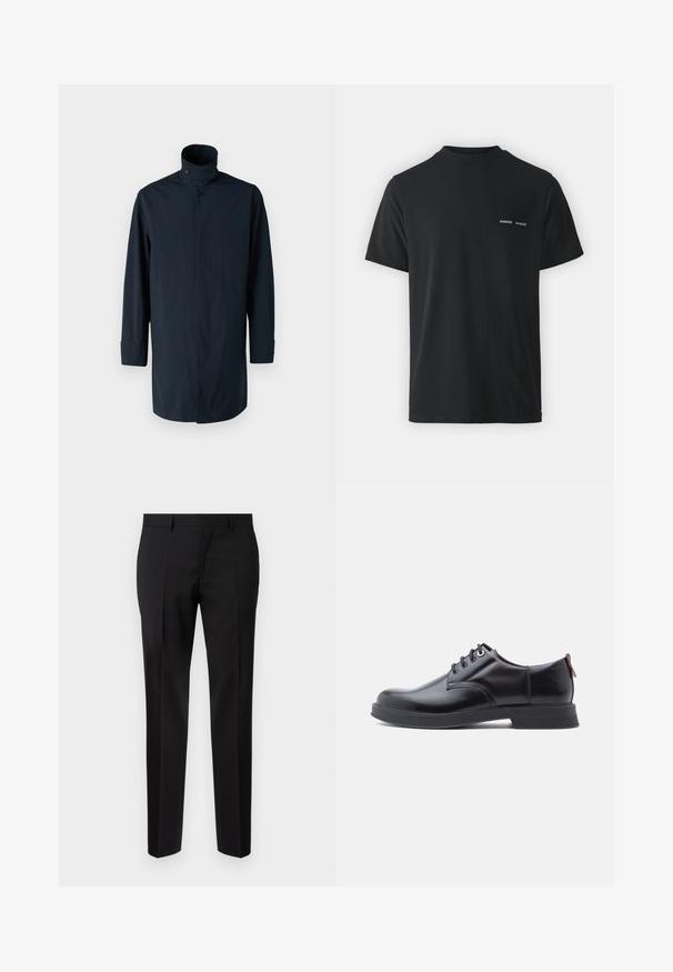 Marineblaue Windbreaker-Jacke mit hohem Kragen, Doppelknopfverschluss, langen Ärmeln und Seitentaschen. Hergestellt aus leichtem, wasserabweisendem Material.; Schwarzes Baumwoll-T-Shirt mit klassischem Rundhalsausschnitt, kurzen Ärmeln und zwei kleinen weißen "SAMSØE"-Logos auf der linken Brust.; Schwarze maßgeschneiderte Hosen aus glattem Stoff, mit geradem Bein, feinen Bügelfalten und einem klassischen Bund mit Gürtelschlaufen.; Schwarze Leder-Schnürschuhe mit glatter Textur, rundem Zehenbereich und dezenten Ziernähten. Mit einem roten Laschenband an der Ferse.