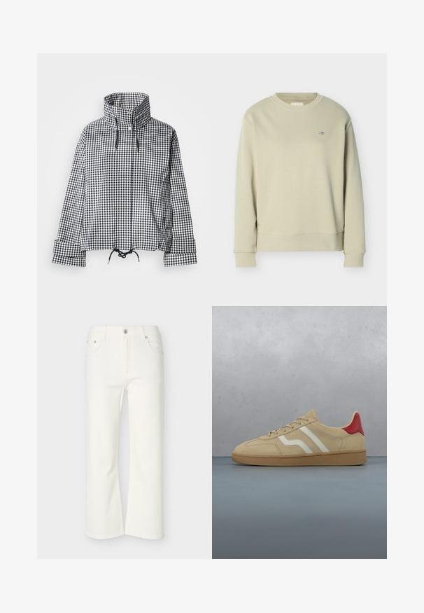 Veste à carreaux noir et blanc avec col montant, boutons-pression à l'avant, ourlet réglable avec cordon de serrage et manches longues avec détails aux poignets.; Sweat-shirt col rond beige clair à manches longues avec petit logo brodé sur le côté gauche de la poitrine, présenté sur fond blanc.; Jean flare blanc court avec fermeture à bouton et zip à l'avant, passants pour ceinture, et poches à l'avant et à l'arrière, présenté sur un fond uni.; Baskets en daim beige avec un accent rouge au talon, des bandes blanches et une semelle en caoutchouc texturée beige clair. Muni de lacets et d'un intérieur lisse.