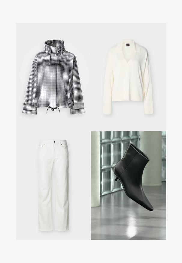 Veste à carreaux noir et blanc avec col montant, boutons-pression à l'avant, ourlet réglable avec cordon de serrage et manches longues avec détails aux poignets.; Pull en tricot blanc à manches longues avec col et encolure en V, poignets et ourlet côtelés, présenté sur un fond uni.; Jean blanc à jambes droites avec poches avant, passants pour ceinture, fermeture par bouton, et coutures visibles sur un fond uni.; Bottine en cuir noir à bout pointu et petit talon kitten, présentée en angle devant un sol poli et un mur en blocs de verre.