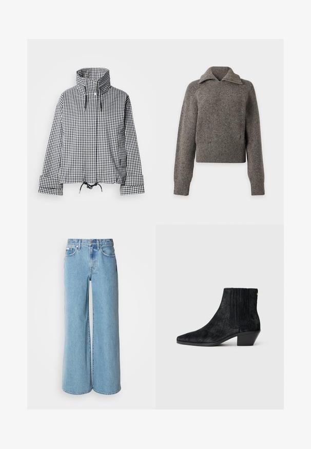 Veste à carreaux noir et blanc avec col montant, boutons-pression à l'avant, ourlet réglable avec cordon de serrage et manches longues avec détails aux poignets.; Pull en maille côtelée grise à manches longues avec un col à fermeture éclair à moitié, présenté sur un fond clair uni.; Jean large bleu clair en denim, avec une taille haute, un design à cinq poches et un léger dégradé sur le tissu.; Bottine noire à bout pointu, en matériau texturé imitant les cheveux, avec un panneau latéral à nervures et un petit talon carré. Un design simple et moderne.