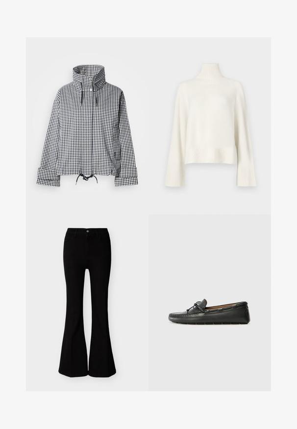 Veste à carreaux noir et blanc avec col montant, boutons-pression à l'avant, ourlet réglable avec cordon de serrage et manches longues avec détails aux poignets.; Pull à col roulé blanc à manches longues, en tissu doux, avec une texture côtelée sur le col et les poignets, et une coupe décontractée.; Jean évasé noir taille haute avec fermeture à boutons et fermeture éclair, poches avant, cintré au niveau des hanches et des cuisses.; Bateau en cuir noir avec un bout arrondi, des détails de couture, un petit accent en nœud et une semelle en caoutchouc. Texture lisse et design épuré.