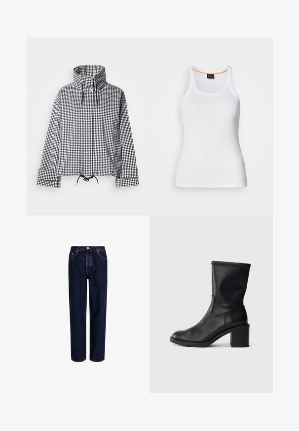 Veste à carreaux noir et blanc avec col montant, boutons-pression à l'avant, ourlet réglable avec cordon de serrage et manches longues avec détails aux poignets.; Débardeur blanc côtelé avec un col rond, présentant un design à bretelles étroites et un accent orange le long de l'intérieur du col. Logo de la marque affiché.; Jeans en denim bleu foncé avec une coupe droite, dotés d'une taille haute, d'un style à cinq poches et de coutures contrastantes. Sans embellissements.; Botte en cuir noir à cheville avec un bout rond, texture lisse et un talon épais, présentant un tige ajustée et un subtil détail de couture.