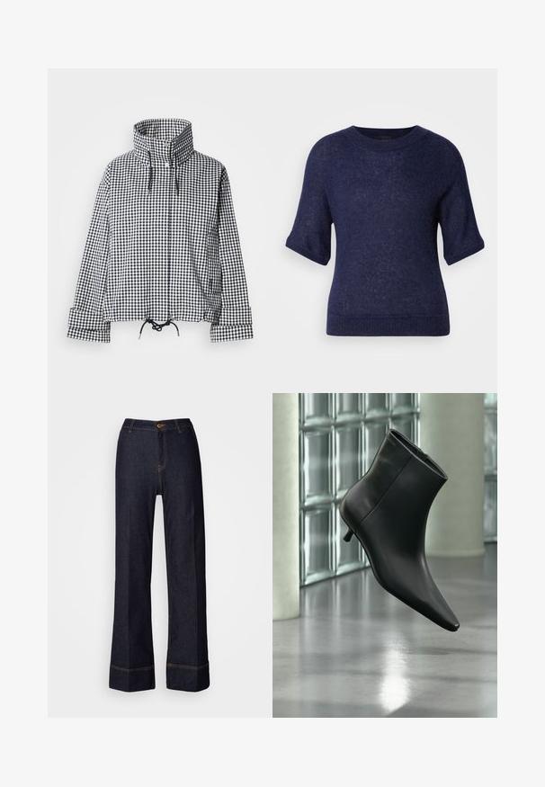 Veste à carreaux noir et blanc avec col montant, boutons-pression à l'avant, ourlet réglable avec cordon de serrage et manches longues avec détails aux poignets.; Pull à manches courtes bleu marine en tissu tricoté, doté d'un col rond et d'une coupe décontractée avec ourlet côtelé.; Pantalons large en denim foncé à taille haute, avec une fermeture à bouton sur le devant et des accents de couture orange. Texture lisse sur l'ensemble.; Bottine en cuir noir à bout pointu et petit talon kitten, présentée en angle devant un sol poli et un mur en blocs de verre.