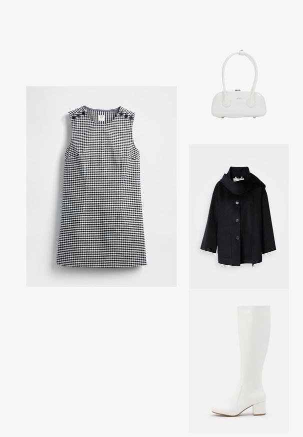 Manteau en laine noire avec un large col châle, quatre boutons et deux poches avant. Présente une coupe décontractée et une silhouette légèrement cintrée.; Robe sans manches à carreaux vichy bleu marine et blanc avec un col rond et des détails de boutons sur les deux épaules, posée à plat sur un fond blanc.; Bottes blanches jusqu'au genou avec une finition lisse et brillante. Talon carré et détails de couture subtils sur le côté.; Sac à main en cuir verni blanc avec poignées doubles arrondies, fermeture éclair argentée et logo discret "estro" sur le devant.
