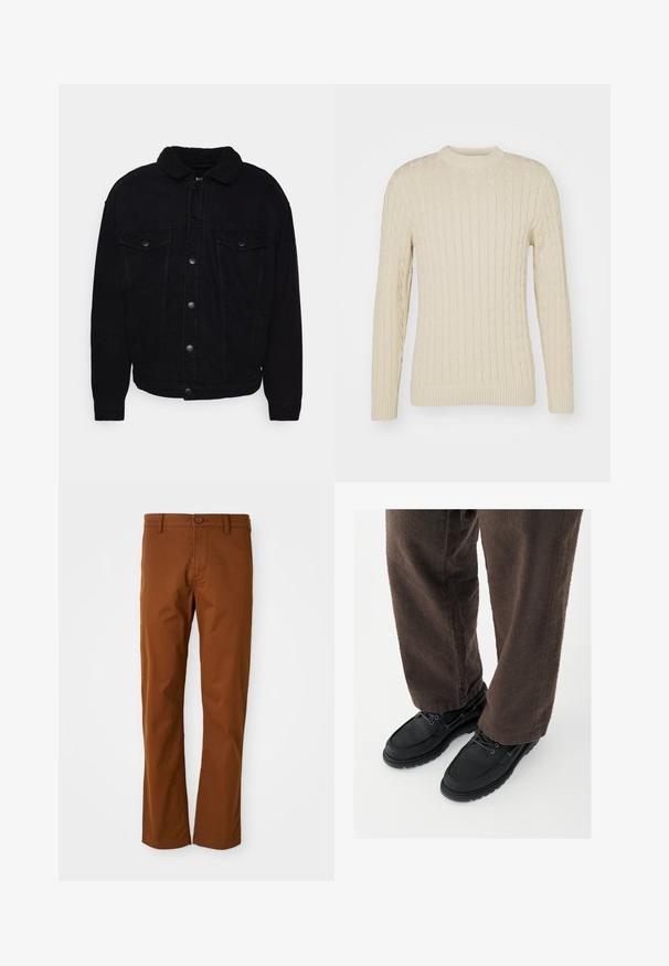 Veste en denim noir avec un col en sherpa doux, deux poches poitrine, fermeture à boutons et coutures visibles sur les manches et l'ourlet.; Pull en maille torsadée de couleur crème clair. Il dispose d'un col rond, de manches longues, de poignets et d'un ourlet côtelés, avec un motif de surface texturé.; Pantalon en coton marron à coupe régulière, avec une fermeture à bouton, des passants de ceinture et une coupe droite. Texture lisse sans motifs.; Chaussures en cuir noir avec une finition lisse, bout arrondi et design à lacets, associées à un pantalon marron texturé. Vue en contre-plongée.