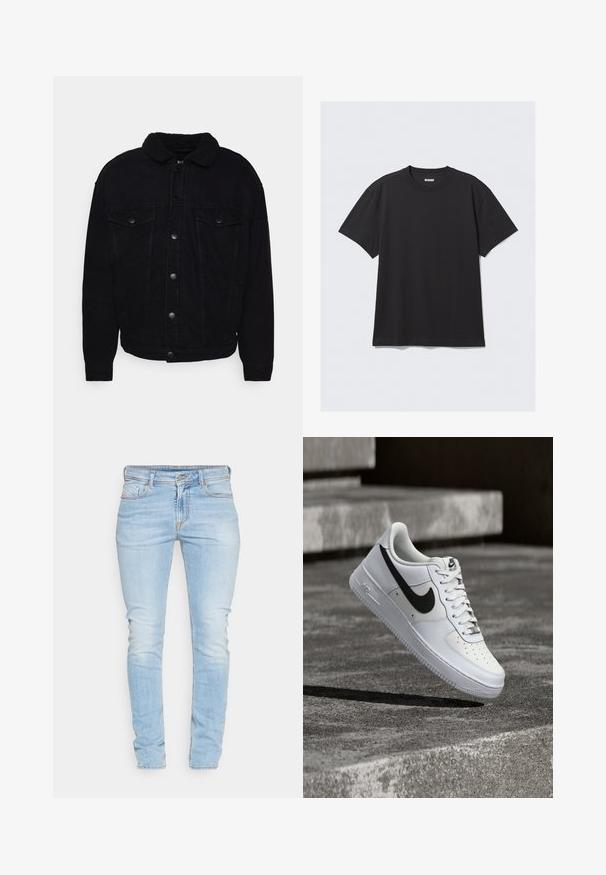 Veste en denim noir avec un col en sherpa doux, deux poches poitrine, fermeture à boutons et coutures visibles sur les manches et l'ourlet.; T-shirt noir à manches courtes en coton. Il présente un col rond et une coupe décontractée. Design simple sans motifs ni accents visibles.; Jean skinny bleu clair en denim, avec une fermeture éclair à l'avant, cinq poches et des coutures contrastées. Texture lisse avec un léger dégradé.; Baskets blanches Nike Air Force 1 avec le swoosh noir, lacets attachés, en suspension dans les airs au-dessus d'une surface en béton texturé en extérieur.