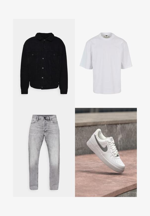 Veste en denim noir avec un col en sherpa doux, deux poches poitrine, fermeture à boutons et coutures visibles sur les manches et l'ourlet.; T-shirt blanc à manches courtes en coton. Il présente un col rond et une coupe ample, avec une texture lisse et sans motifs ni graphiques visibles.; Jeans en denim gris à coupe droite, avec un délavage dégradé, design cinq poches et fermeture standard à bouton et zip.; Baskets blanches Nike Air Force 1 avec logo swoosh gris flottant au-dessus d'une surface en pierre et un mur en pierre gris en arrière-plan.