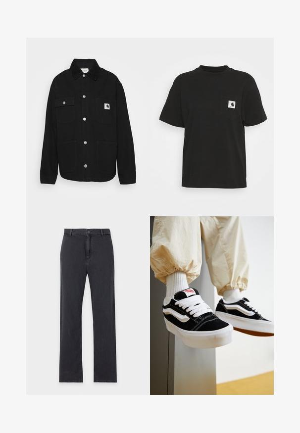 Veste noire en tissu robuste, avec un col, des boutons-pression, deux poches poitrine et un patch logo sur la poche gauche.; T-shirt en coton noir à manches courtes, col rond et poche avant avec un logo carré en blanc et noir.; Jean noir à jambes droites avec fermeture par bouton et zip à l'avant, passants de ceinture et design classique à cinq poches, posé à plat sur fond blanc.; Personne portant des baskets Vans noires et blanches avec des lacets blancs, des chaussettes blanches et un pantalon beige avec des poignets élastiques.