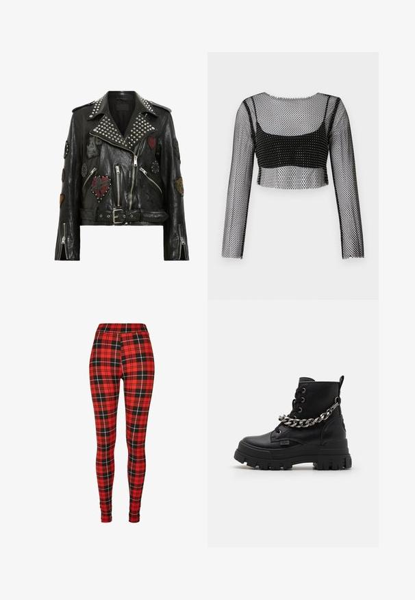 Schwarze Lederbikerjacke mit silbernen Nieten am Kragen, mehreren gestickten Patches, asymmetrischem Reißverschluss und Gürtelbund.; Schwarzes Mesh-Crop-Top mit langen Ärmeln, das ein Fischnetzdesign und ein schwarzes Unterteil hat. Die Kanten sind roh und leicht ausgefranst.; Rote karierte Leggings mit einem schwarz-weißen Karomuster. Hergestellt aus dehnbarem Material und mit einem hohen Taillendesign.; Schwarze Knöchelstiefel aus strukturiertem Leder mit einer klobigen Sohle, einem auffälligen Kettendetail an der Seite und runden Schnürsenkeln.