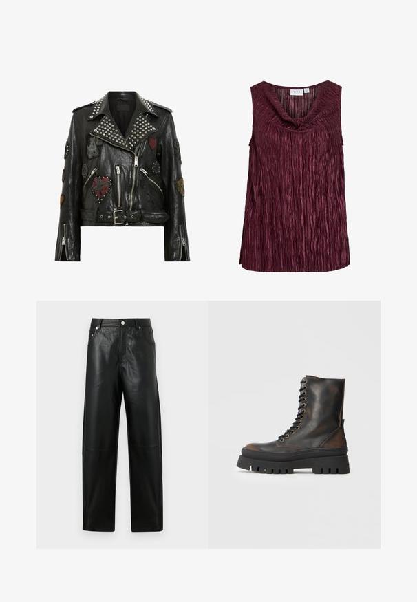 Veste de moto en cuir noir avec des clous argentés sur le col, plusieurs patchs brodés, fermeture éclair asymétrique et taille ceinturée.; Top sans manches bordeaux avec un décolleté drapé, présentant des plis verticaux et une surface texturée. Fabriqué en tissu léger et brillant.; Pantalon noir droit en similicuir taille haute avec bouton avant, fermeture éclair, passants pour ceinture et poches latérales sur fond uni.; Bottines en cuir noir et marron avec des œillets dorés, semelles en caoutchouc noir épaisses et un motif de couture clairement défini. Design à tige haute.