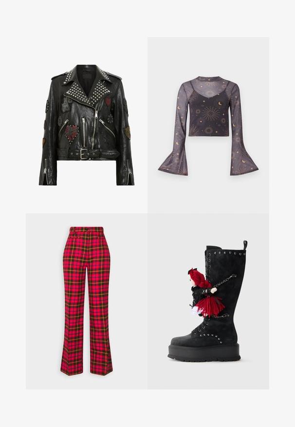 Zwarte leren motorjack met zilveren studs op de kraag, meerdere geborduurde patches, een asymmetrische rits en een ceintuur in de taille.; Doorschijnende zwarte cropped top met lange mouwen en uitlopende manchetten, versierd met een patroon van zonn, maan en sterren, met een binnenste camisolelaag.; Monki Broek - red; Zwarte kniehoge laars met een chunky zool, voorzien van zilveren studs en een pop met rode garenhaar die aan de zijkant met een ketting is bevestigd.