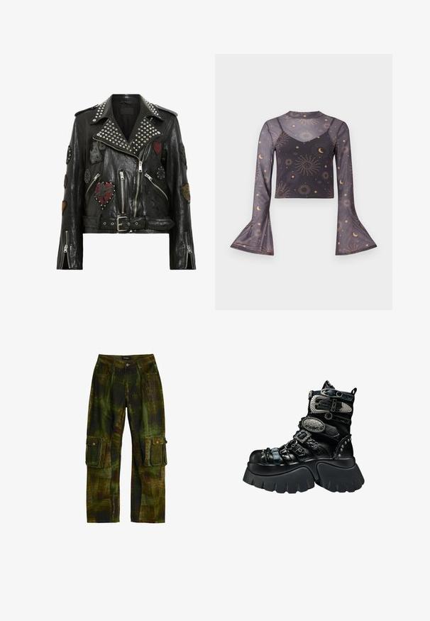 Zwarte leren motorjack met zilveren studs op de kraag, meerdere geborduurde patches, een asymmetrische rits en een ceintuur in de taille.; Doorschijnende zwarte cropped top met lange mouwen en uitlopende manchetten, versierd met een patroon van zonn, maan en sterren, met een binnenste camisolelaag.; Cargo broek in groen en bruin camouflagpatroon met knoopsluitingen aan de zijzakken en riemlussen aan de voorkant.; Zwarte plateau-laars met dikke zool, meerdere gestructureerde bandjes, zilveren gespen, decoratieve metalen accenten en met studs versierde details.