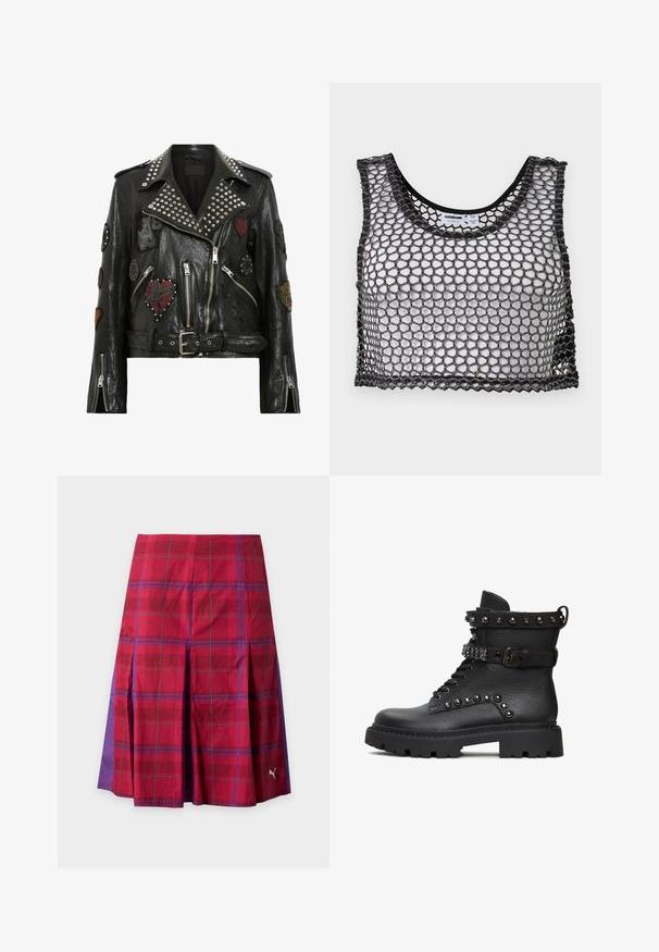 Sort læder bikerjakke med sølvnitter på kraven, flere broderede mærker, asymmetrisk lynlås og bælte i taljen.; Sort ærmeløs crop top med bredt netstof og bølget kant, lagt fladt ud, der viser for- og indvendige etiketdetaljer.; Rødt og lilla ternet plisseret nederdel med et Puma-logo nær kanten på højre side.; Sorte læder ankelstøvler med en tekstureret finish, udstyret med dekorerende nitter, en spænde rem og en kraftig, robust sål.