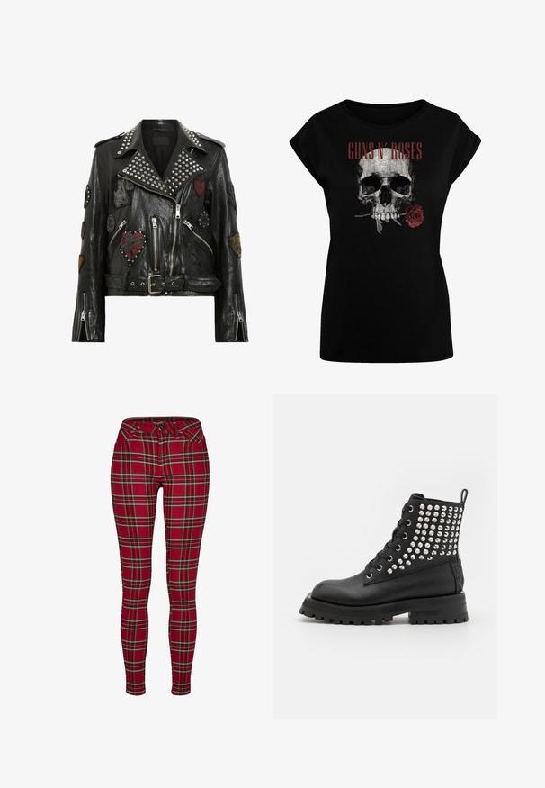 Zwarte leren motorjack met zilveren studs op de kraag, meerdere geborduurde patches, een asymmetrische rits en een ceintuur in de taille.; Zwart T-shirt met korte mouwen, voorzien van een grafisch ontwerp van een schedel met een rode roos en de tekst "GUNS N' ROSES" in vet rood erboven.; Rode geruite skinny jeans met een aansluitend ontwerp, voorzien van gele en zwarte lijnen, een knoopsluiting en standaard voorkeurluizen.; Zwarte enkelbooties met een gladde leren afwerking, voorzien van zilveren studs aan de zijkant, metalen veterogen en een stevige profielzool.