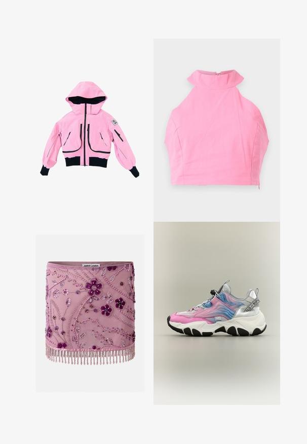 Veste courte rose avec capuche, dotée d'une fermeture éclair noire et de détails noirs, deux grandes poches avant et des poignets élastiques. Texture lisse.; Top court rose avec un col froncé haut, texture lisse et fermeture à glissière à l'arrière. Coupe ajustée sans motifs ou accents supplémentaires.; Mini-jupe rose avec broderie florale violette en perles et paillettes, accents floraux en velours et ourlet à franges perlées.; Baskets épaisses avec des panneaux dégradés rose et bleu, mesh blanc, accents noirs sur la semelle, et marquage "Buffalo" sur le côté et la bride du talon.