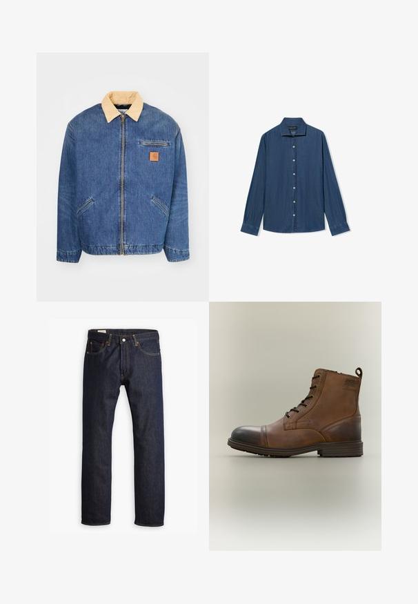 Denimjacke mit einem hellbraunen Kragen, vorderem Reißverschluss und zwei seitlichen Taschen. Mit einem kleinen braunen Logopatch auf der Brust.; Langärmliges, knöpfbares Denim-Hemd mit spitzem Kragen und weißen Knöpfen, auf einem weißen Hintergrund flach ausgelegt.; Dunkelblaue Jeans aus Denim mit geradem Bein, orangefarbener Naht und Fünf-Taschen-Stil sowie einer Metallknopfverschluss.; Brauner Leder-Schnürstiefel bis zum Knöchel mit schwarzer Zehenkappe, runder Sohle und Markenlabel an der Seite vor schlichtem Hintergrund.