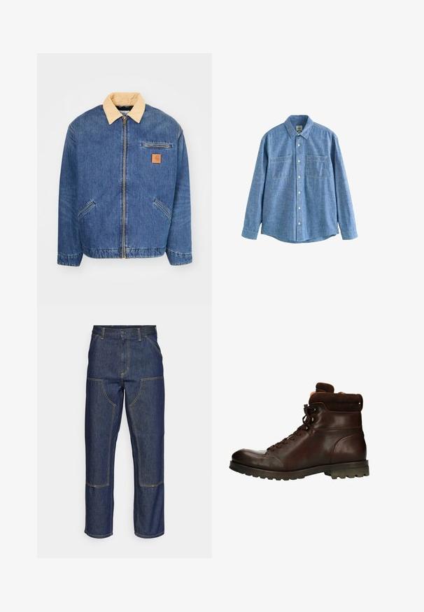 Denimjas met een lichtbruine kraag, voorrits en twee zijzakken. Kenmerkt zich door een klein bruin logopatch op de borst.; Blauw chambray overhemd met lange mouwen, knoopsluiting aan de voorkant en twee borstzakken, plat gelegd op een witte achtergrond.; Donkerblauwe denim jeans met een hoge taille, rechte pijpen, contrasterende stiksels en opgestikte zakken aan de voorkant.; Manfield MIT HOHEM SCHAFT - Veterboots - brown