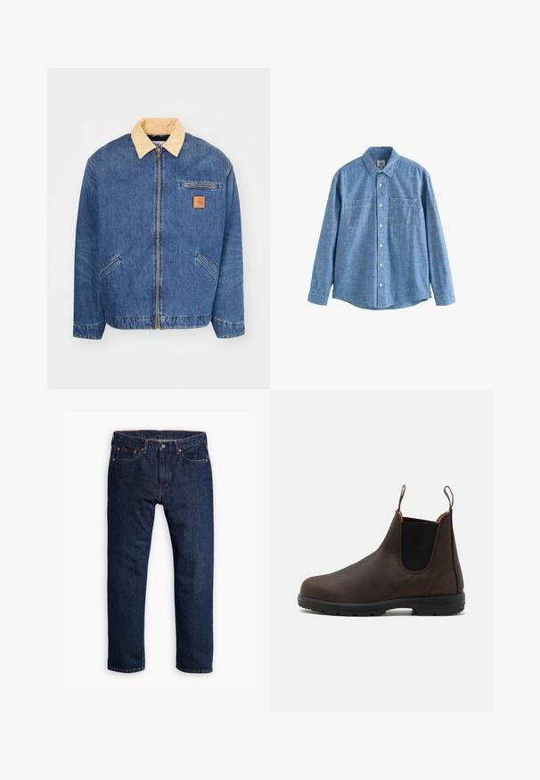 Denimjas met een lichtbruine kraag, voorrits en twee zijzakken. Kenmerkt zich door een klein bruin logopatch op de borst.; Blauw chambray overhemd met lange mouwen, knoopsluiting aan de voorkant en twee borstzakken, plat gelegd op een witte achtergrond.; Persoon die donkerblauwe rechte jeans draagt, witte sneakers en een olijfgroene trui, met handen in de zakken, staand tegen een grijze achtergrond.; Bruine leren enkelboot met elastische zijpanelen en lusjes, voorzien van een gestructureerde oppervlakte en een duurzame zwarte rubberen zool.