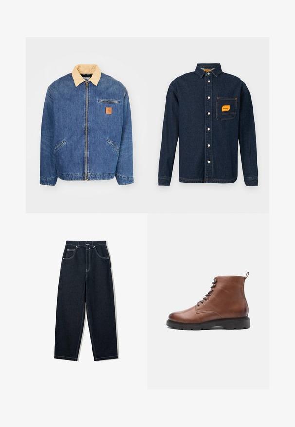 Denimjas met een lichtbruine kraag, voorrits en twee zijzakken. Kenmerkt zich door een klein bruin logopatch op de borst.; Donkerblauwe denim shirt met button-down kraag, oranje label op de borstzak en witte knopen. Zachte textuur met contrasterende stikseldetails.; Donkerindigo jeans met rechte pijpen, witte contrasterende stiksels, ontwerp met vijf zakken en metalen knoopsluiting in de taille.; Bruine leren enkelboots met een ronde neus, veter sluiting en een zwarte rubberen zool. Voorzien van een lus aan de achterkant voor een gemakkelijker aan- en uittrekken.