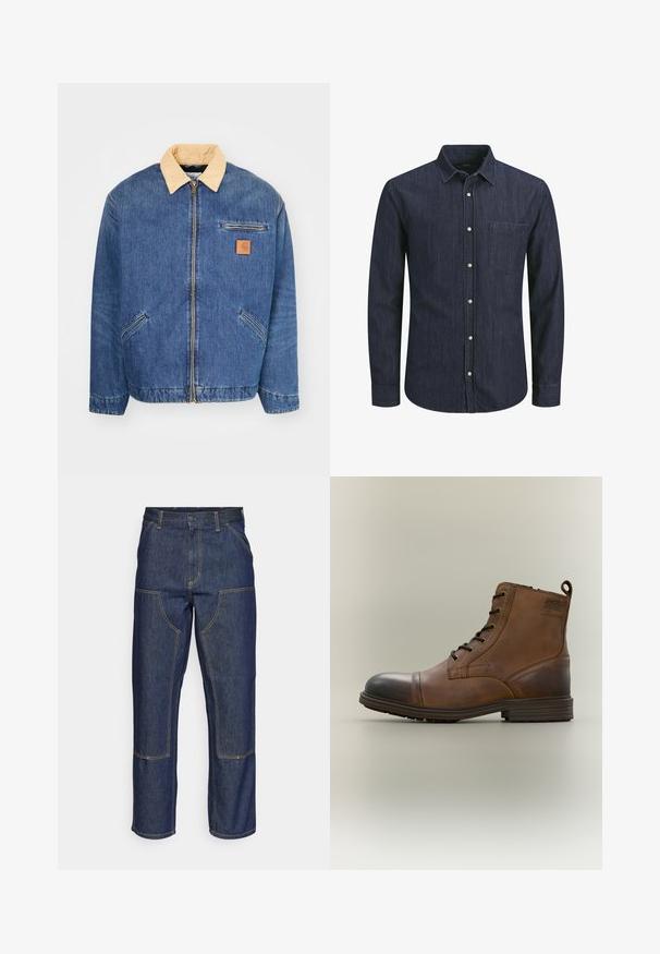 Denimjas met een lichtbruine kraag, voorrits en twee zijzakken. Kenmerkt zich door een klein bruin logopatch op de borst.; Donkerblauwe denimhemd met lange mouwen, een knoopsluiting kraag, een steekzak aan de voorkant en witte knopen. Gestructureerde stof met horizontale lijnen.; Donkerblauwe denim jeans met een hoge taille, rechte pijpen, contrasterende stiksels en opgestikte zakken aan de voorkant.; Bruine leren enkellaars met veters, zwarte neuskap, ronde zool en merkdetail aan de zijkant tegen een effen achtergrond.
